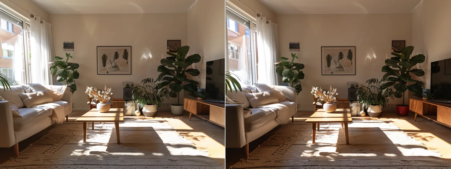 a cozy, minimalist living room with smart furniture arrangement to optimize space.