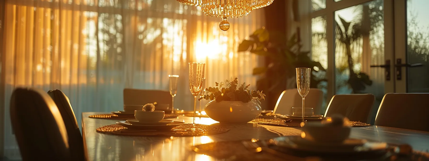 a modern chandelier casting a warm, ambient glow over a sleek dining table set for an elegant dinner party.