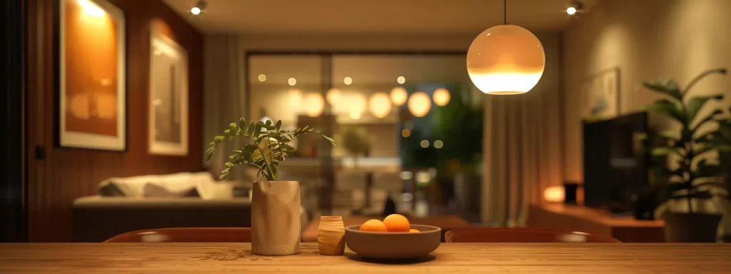 a minimalist living room with warm, soft glow from energy-efficient led pendant lights hanging above a sleek, sustainable wooden dining table.