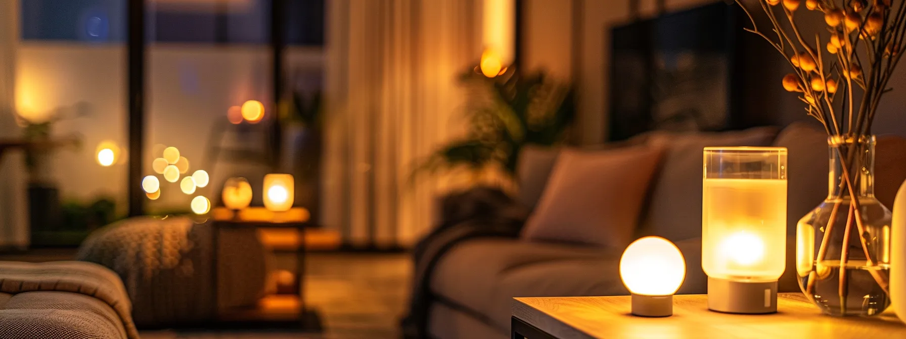 a cozy living room illuminated by soft, energy-saving led bulbs, casting a warm and inviting glow.