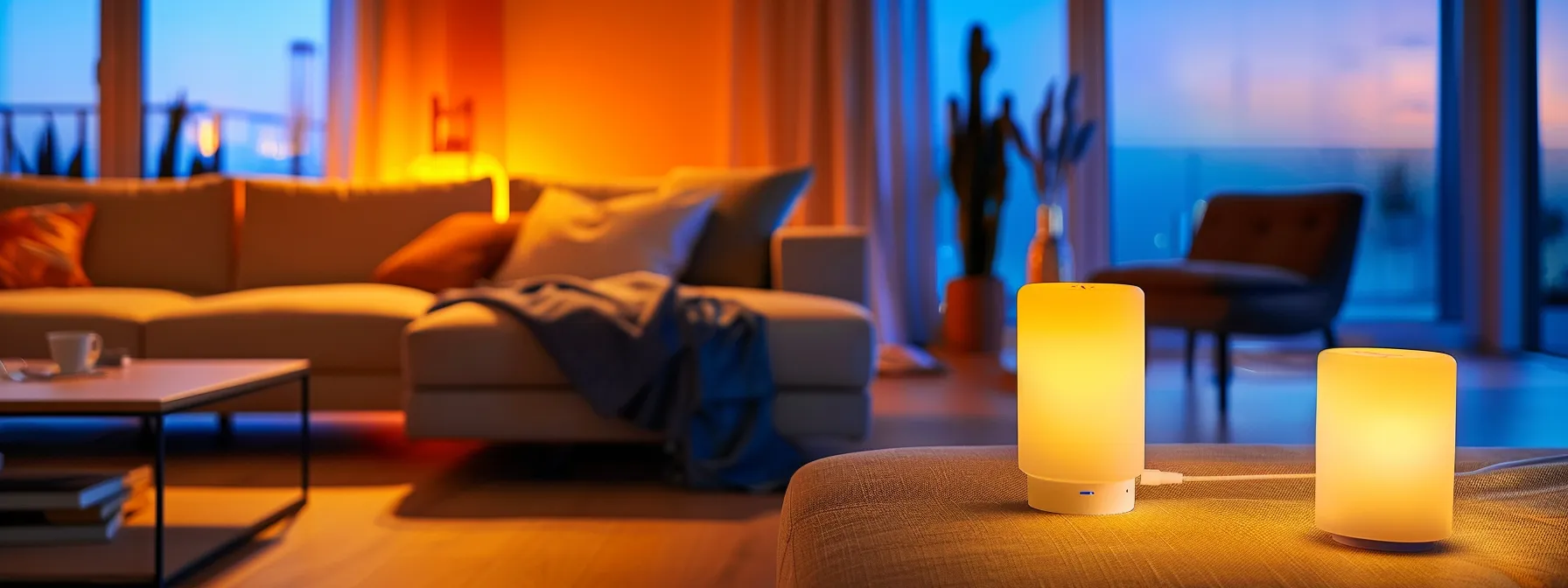 a modern living room illuminated by soft, warm led lights casting a cozy glow over sleek, minimalist furniture.