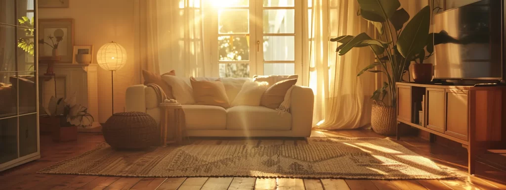 a serene living room with balanced furniture placement, soft colors, and natural elements to create a harmonious and welcoming space according to feng shui principles.