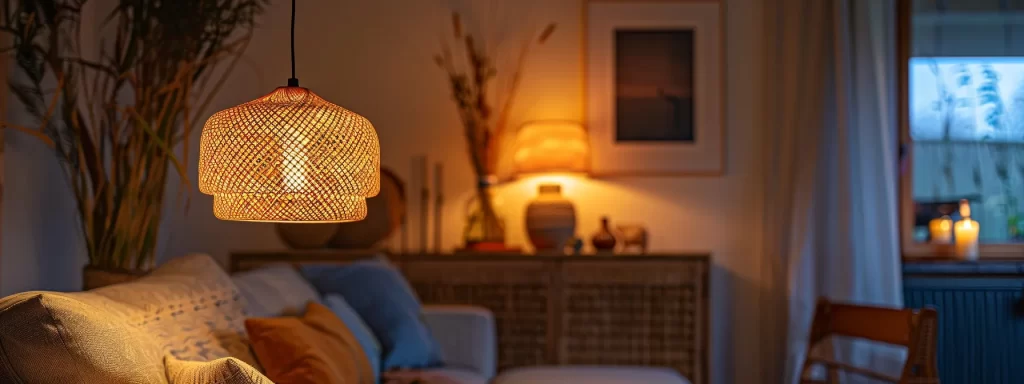 a cozy living room illuminated by a warm, energy-efficient pendant light made from recycled materials.