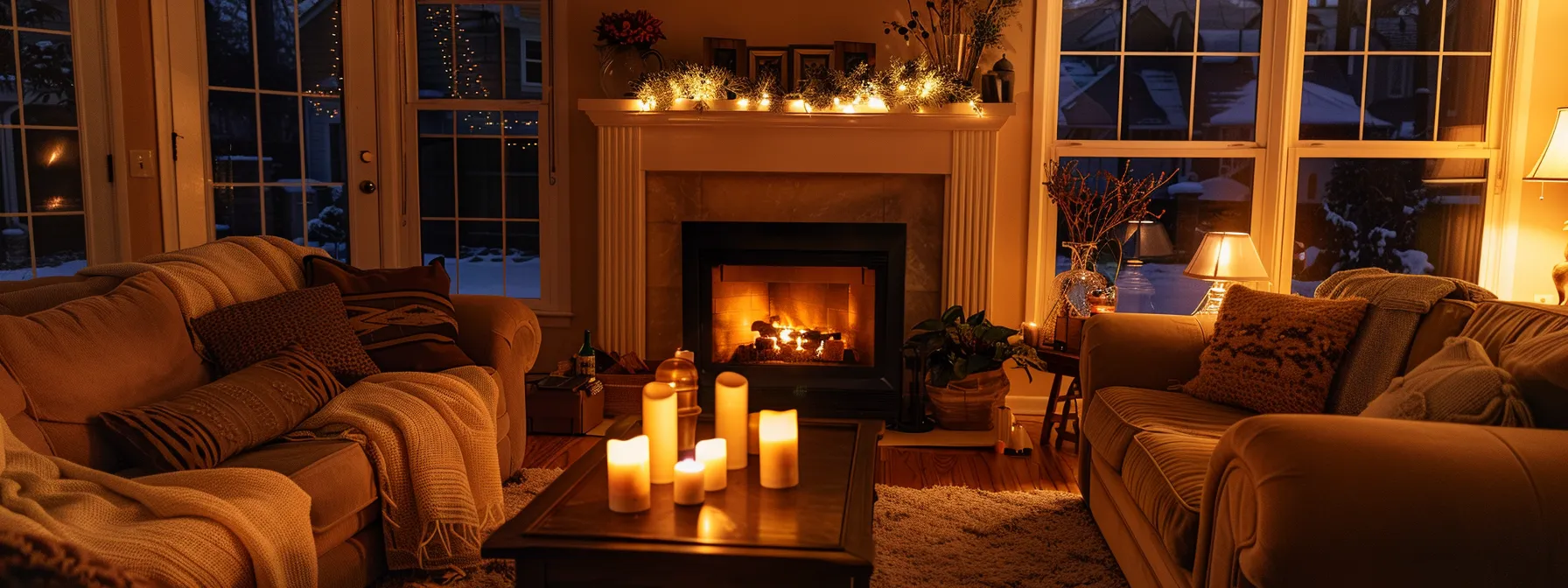 a cozy living room with soft ambient lighting layered with warm accent lamps and a glowing fireplace.