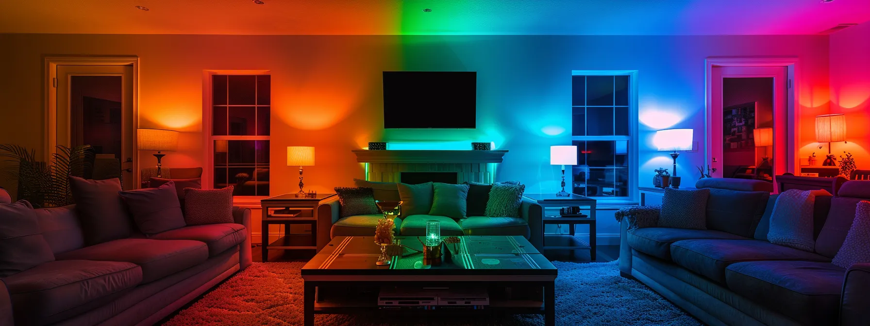 a living room bathed in a soft, multicolored glow from futuristic smart lighting fixtures.