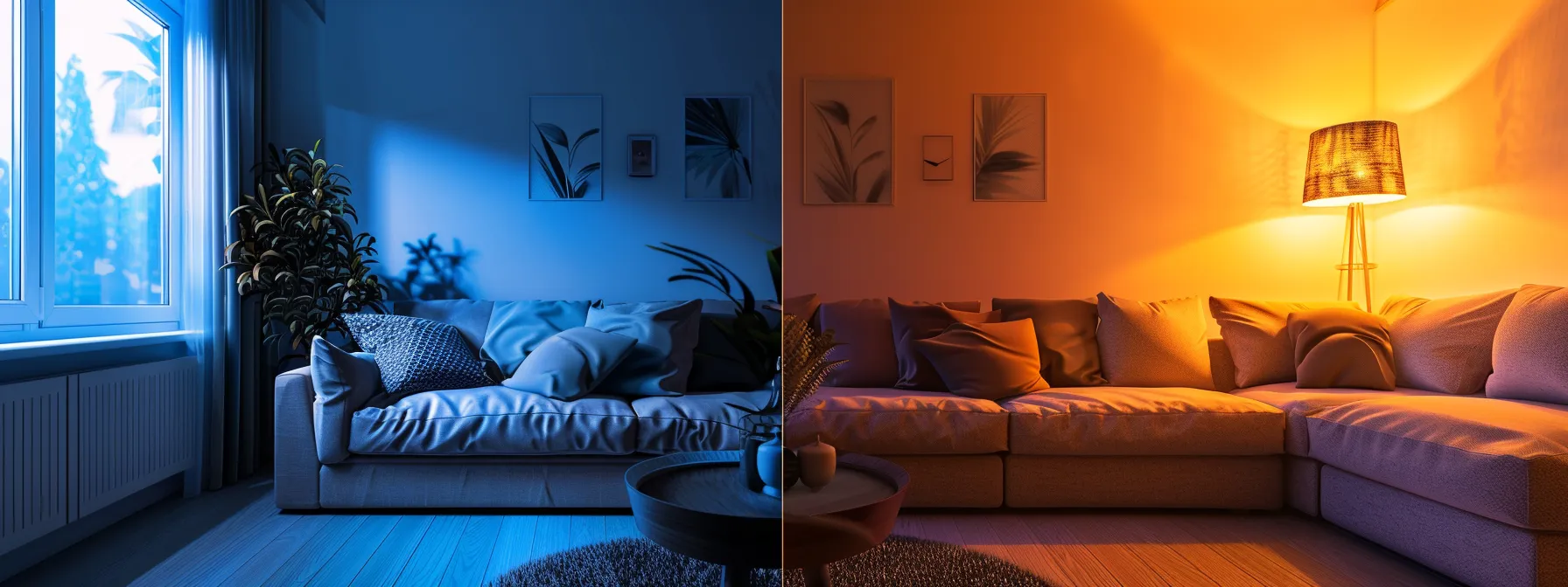 a cozy living room bathed in warm, soft light from customizable smart lighting controls.