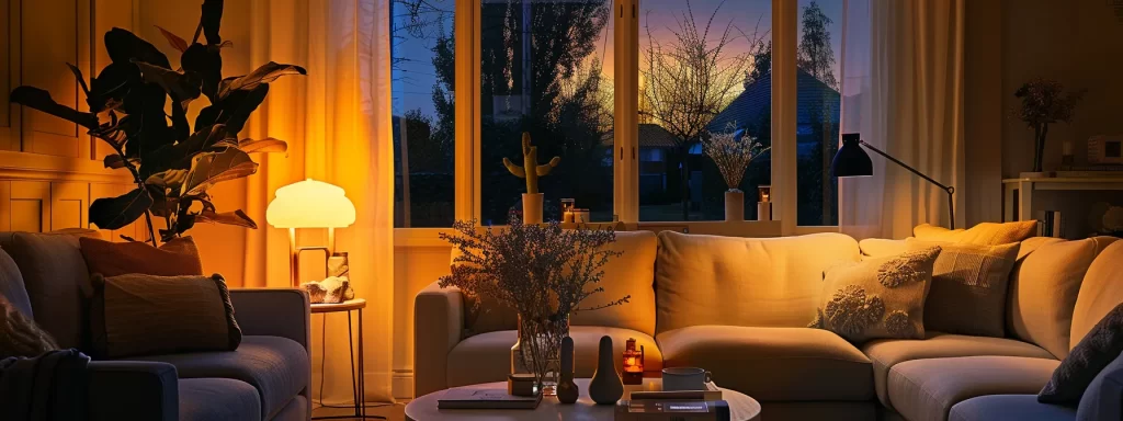 a cozy living room bathed in warm, energy-efficient smart lighting.