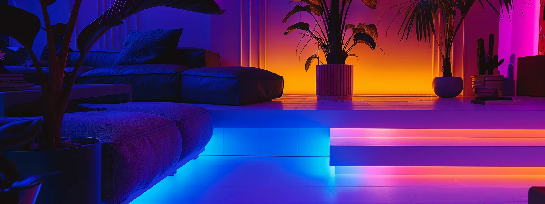 a sleek, futuristic living room bathed in vibrant, customizable hues from smart lighting fixtures.