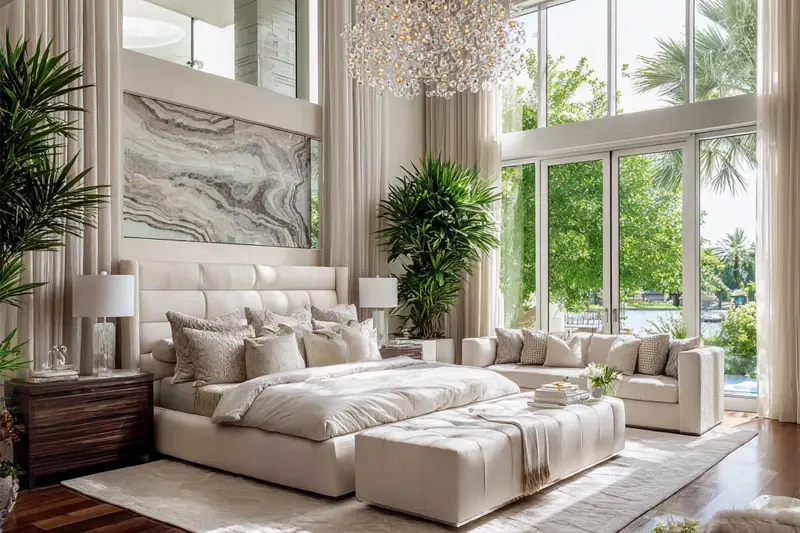 Luxury modern bedroom with white leather platform bed, floor-to-ceiling windows, crystal chandelier, tropical plants in Fort Lauderdale contemporary home interior design
