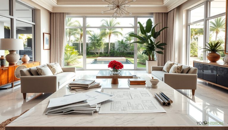 Modern living room interior design with beige sectional sofa, marble coffee table, pool view windows, tropical plants, white marble floors Fort Lauderdale