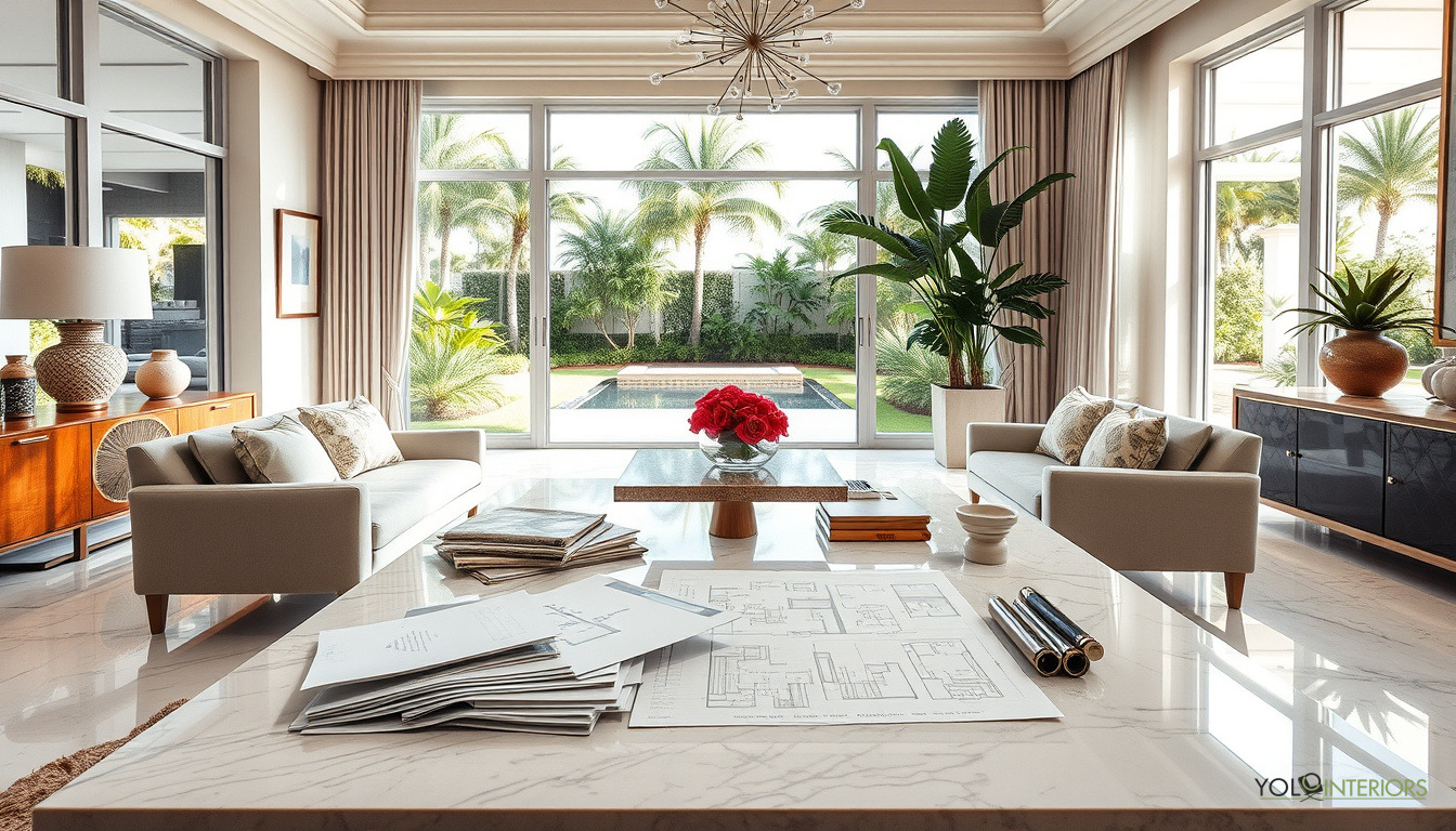 Modern living room interior design with beige sectional sofa, marble coffee table, pool view windows, tropical plants, white marble floors Fort Lauderdale