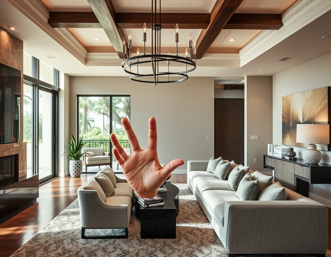 Modern living room with exposed wood beams, gray sectional sofa, black circular chandelier, and hardwood floors in luxury home