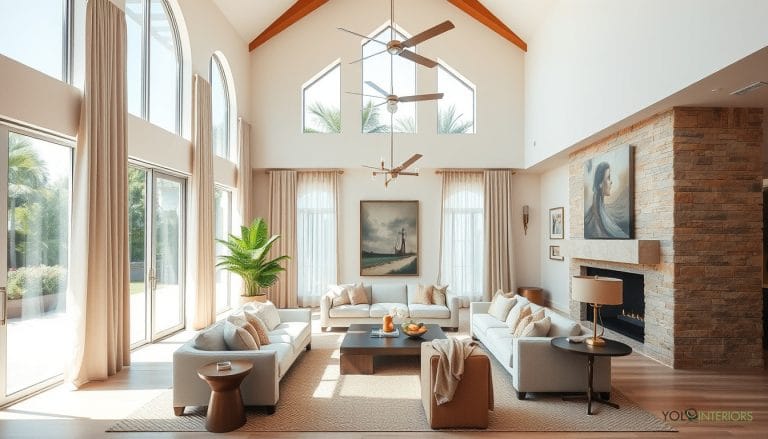Modern living room with vaulted ceilings, exposed wood beams, brick fireplace, white sectional sofa, and large windows in Fort Lauderdale home by YOLO Interiors