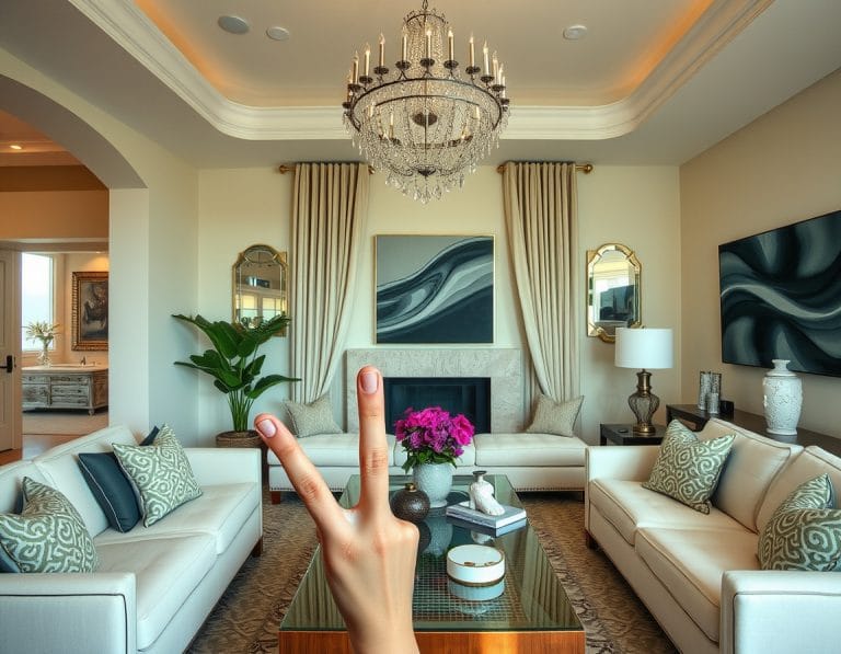 Luxury living room interior design with crystal chandelier, beige sectional sofa, modern fireplace, and elegant decor in neutral tones