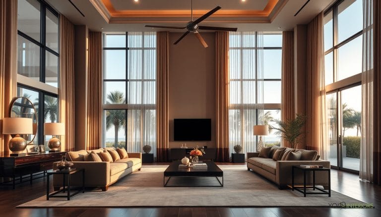 Modern luxury living room with floor-to-ceiling windows, neutral sectional sofas, black coffee table, warm lighting Fort Lauderdale interior design