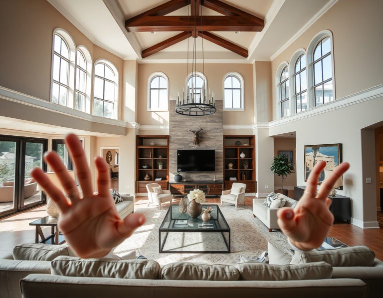 Luxury living room with vaulted ceiling, exposed wood beams, arched windows, stone fireplace, built-in entertainment center, modern furniture Fort Lauderdale interior design