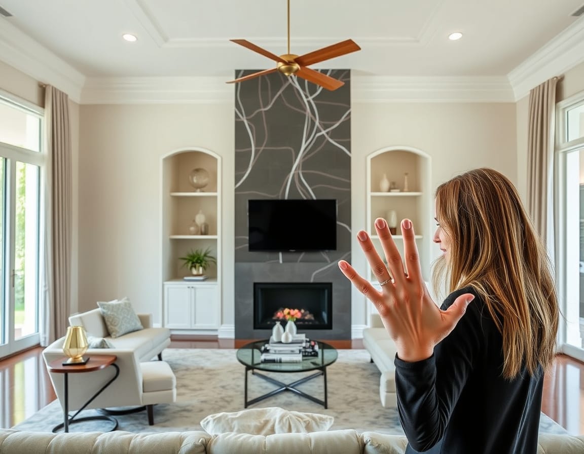 Modern living room interior design with white built-in shelving, gray tile fireplace, glass coffee table, and beige sectional sofa